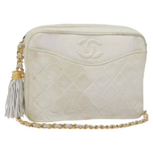 CHANEL Matelasse Chain Shoulder Bag Lamb Skin White Gold CC Auth - Picture 1 of 14